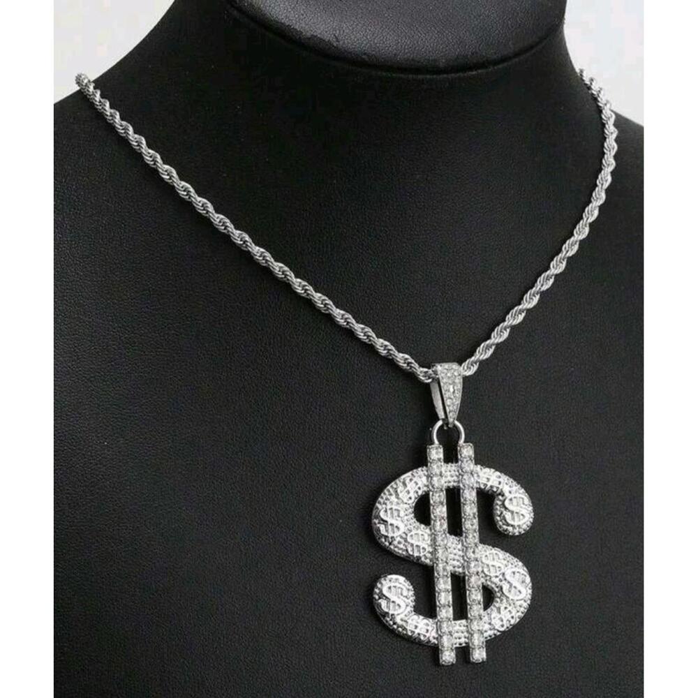 Dollar Sign (Money)-(Chain)-(Silver)-(New)-(Zirconia)-$33.00 - Picture 2 of 7